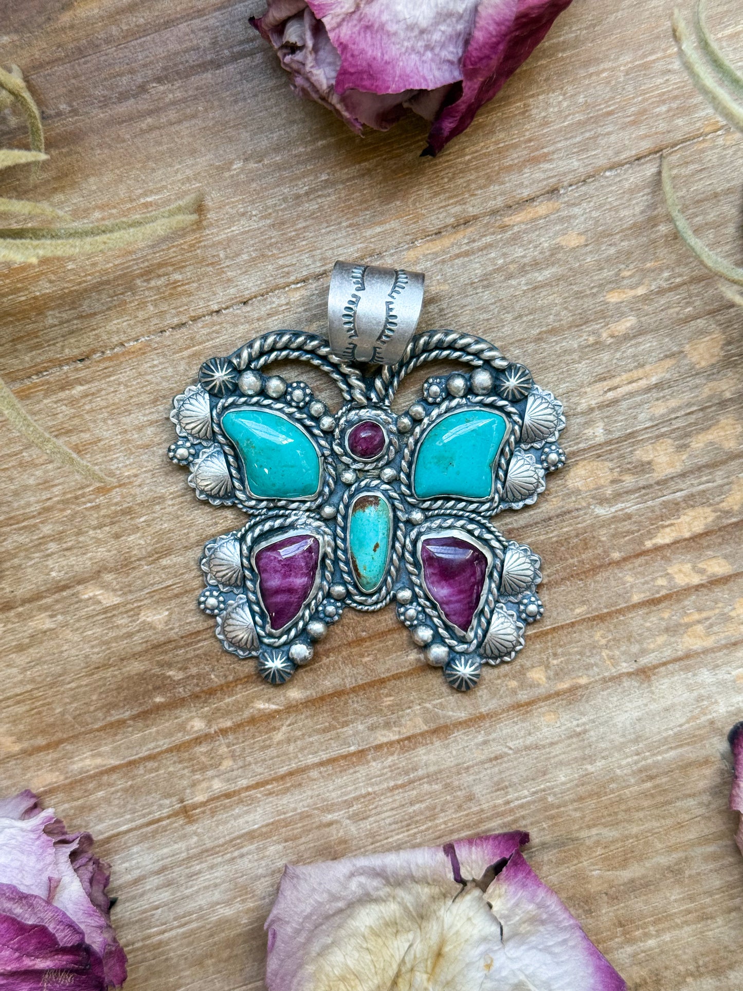Sterling Silver Butterfly Pendant with Kingman Turquoise & Purple Spiny Oyster – Handmade by Artist Shay Pfeiffer