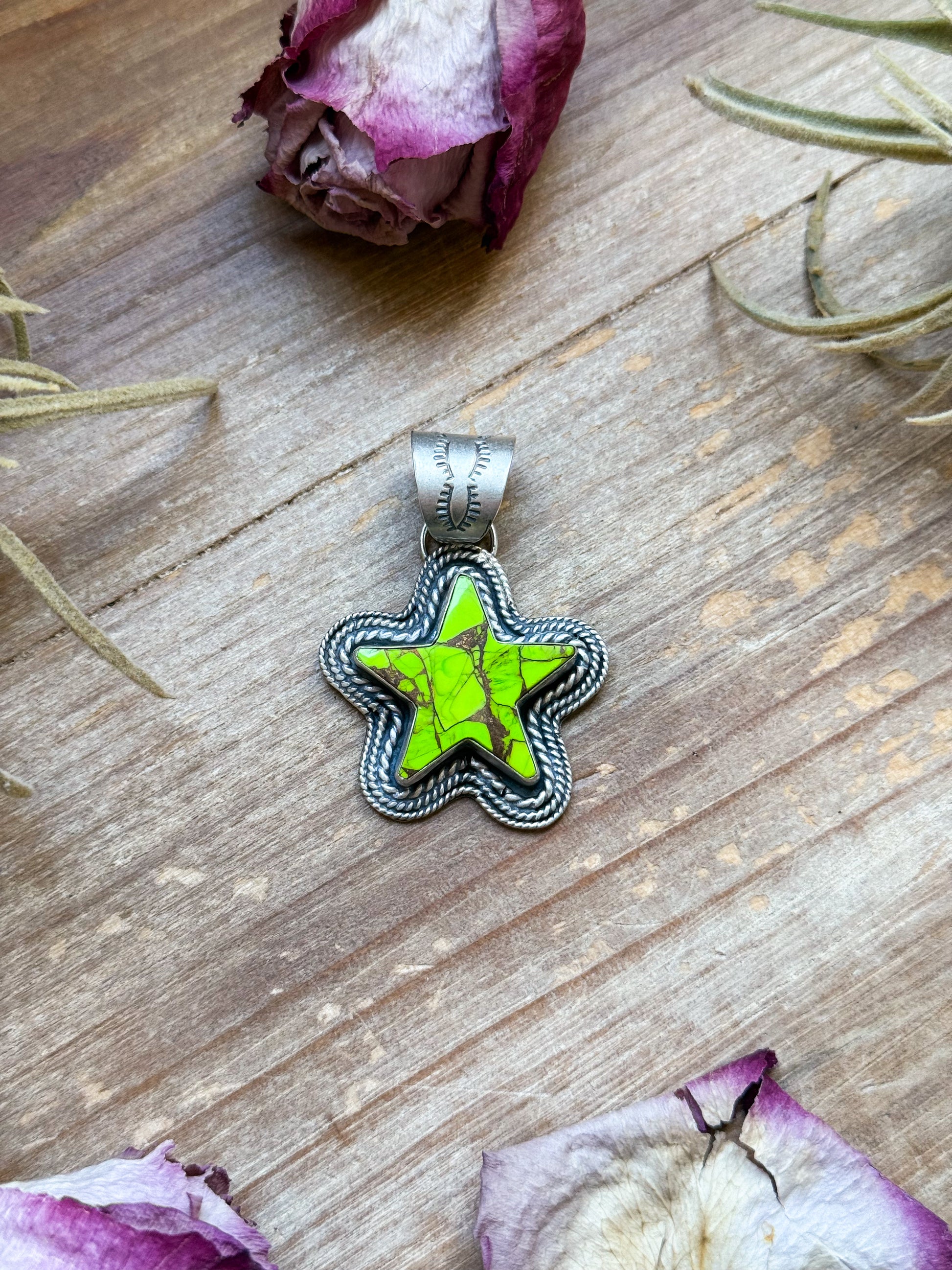 Sterling silver star pendant with neon green Wrangler Dahlia stone, handmade by artist Shay Pfeiffer, fits up to 10 mm beads, made in USA