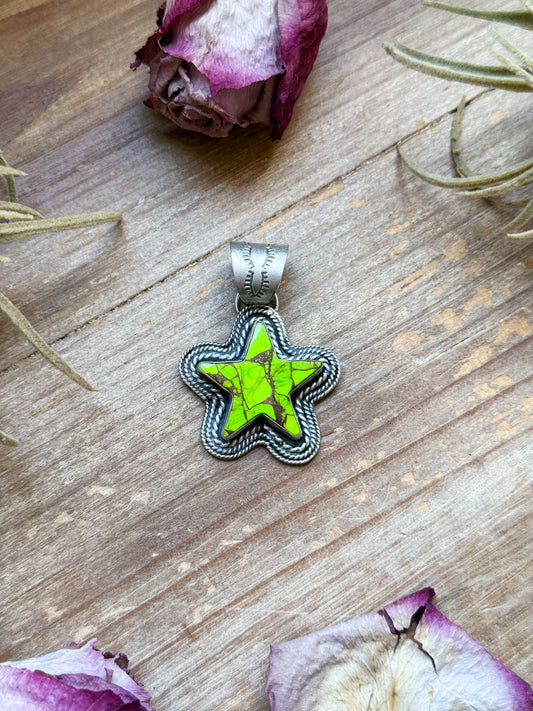 Sterling silver star pendant with neon green Wrangler Dahlia stone, handmade by artist Shay Pfeiffer, fits up to 10 mm beads, made in USA