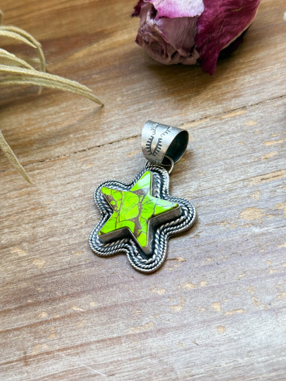 Sterling Silver Neon Green Wrangler Dahlia Star Pendant – Handmade by Artist Shay Pfeiffer