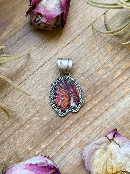 Sterling silver Chief Head pendant with Sunset Purple Spiny Oyster inlay, handmade by artist Shay Pfeiffer, fits up to 10 mm beads, made in USA