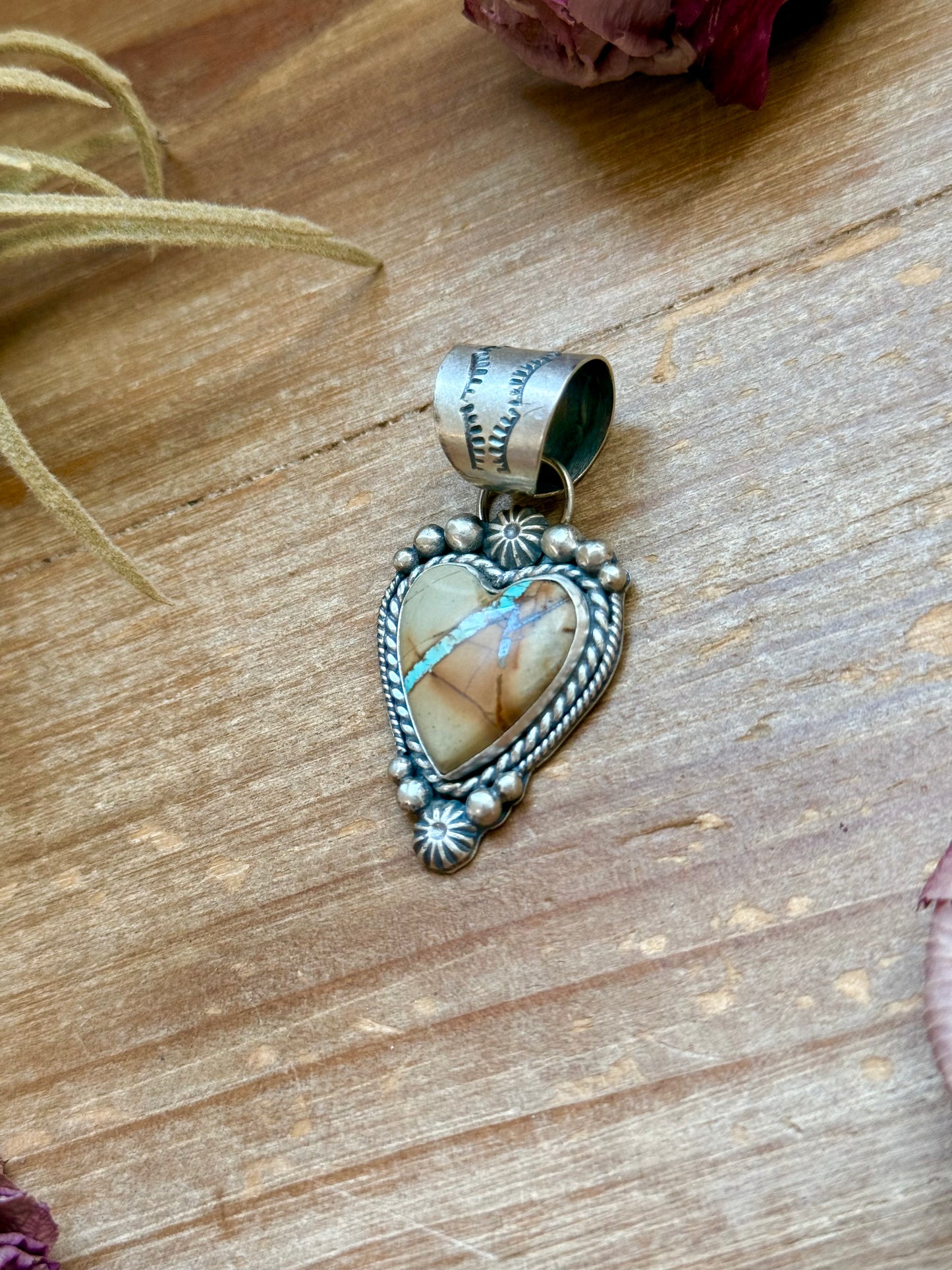 Sterling Silver Ribbon Royston Turquoise Heart Pendant – Fits Up to 10mm Beads – Artist Shay Pfeiffer
