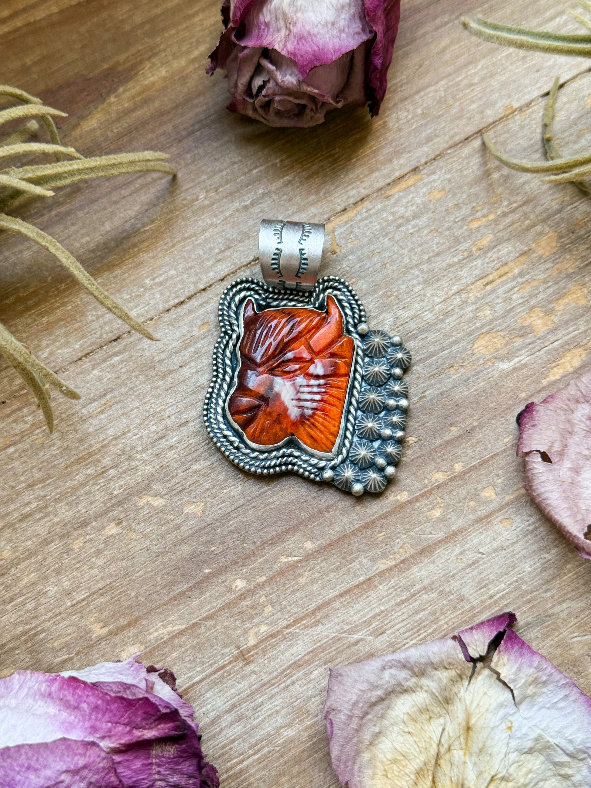 Sterling silver buffalo pendant with Autumn Spiny Oyster inlay, handmade by artist Shay Pfeiffer, fits up to 10 mm beads, made in USA