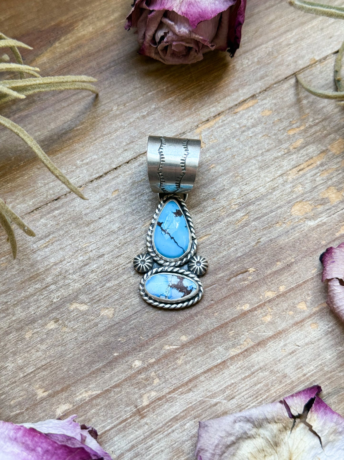 Sterling silver drop bar pendant with Golden Hill turquoise, handmade by Jason Oggs, fits up to 12 mm beads, made in USA