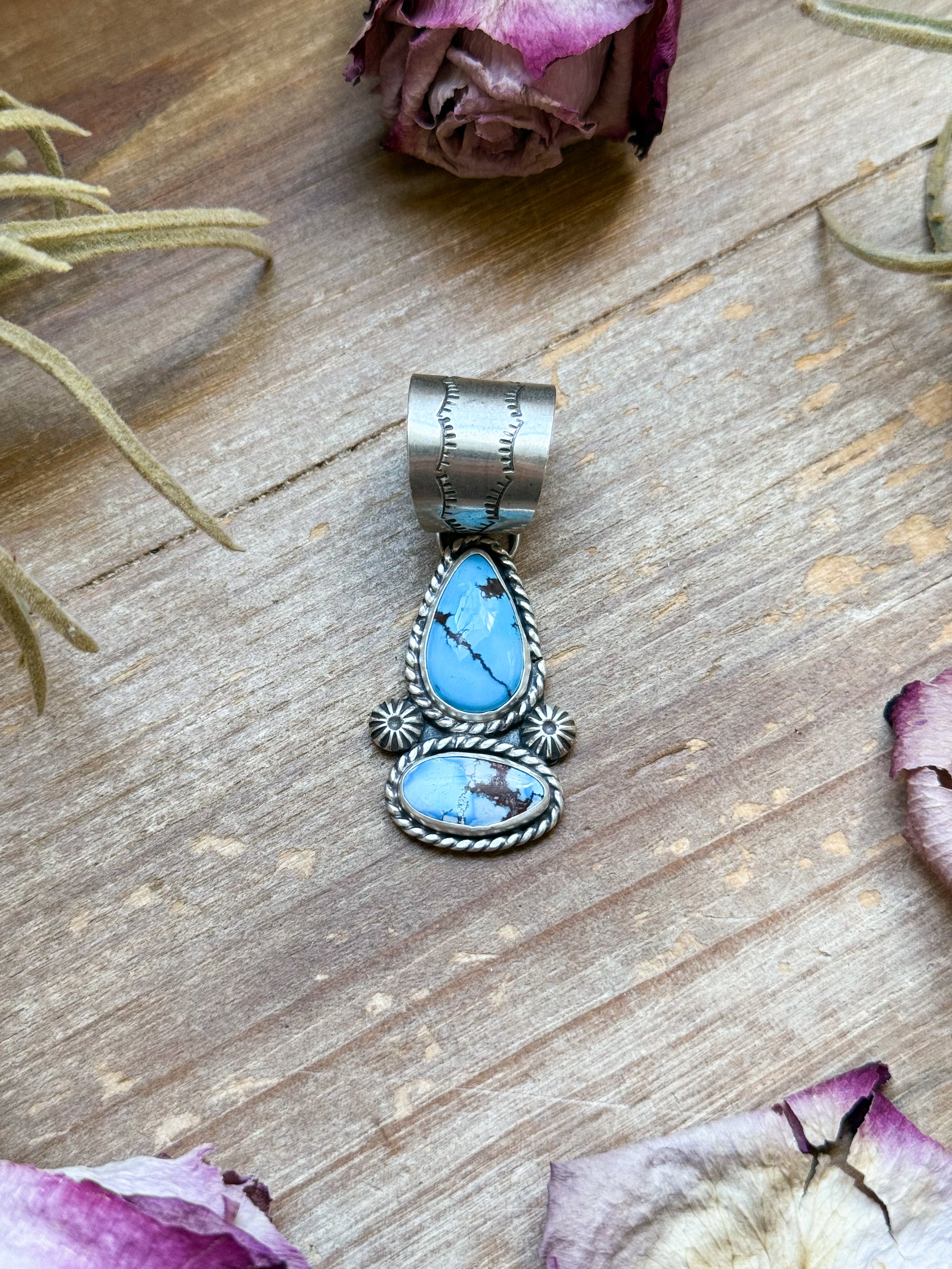 Sterling silver drop bar pendant with Golden Hill turquoise, handmade by Jason Oggs, fits up to 12 mm beads, made in USA