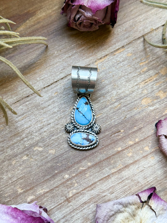 Sterling silver drop bar pendant with Golden Hill turquoise, handmade by Jason Oggs, fits up to 12 mm beads, made in USA