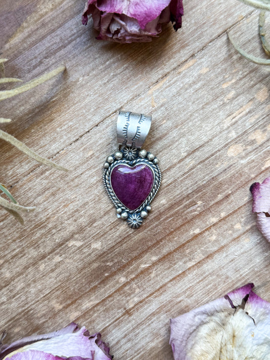 Sterling silver heart pendant with Purple Spiny Oyster, handmade by artist Shay Pfeiffer, fits up to 10 mm beads, made in USA