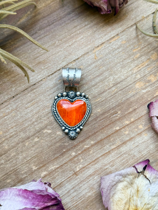 Sterling silver heart pendant with Orange Spiny Oyster, handmade by artist Shay Pfeiffer, fits up to 10 mm beads, made in USA