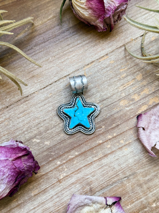 Sterling silver star pendant with Kingman turquoise, handmade by artist Shay Pfeiffer, fits up to 10 mm beads, made in USA