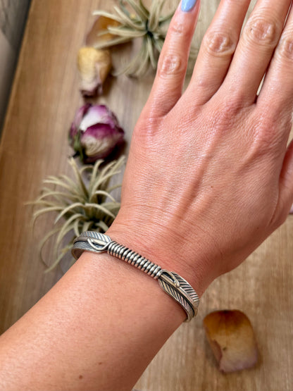 Sterling silver Hudson Feather cuff by Jason Ogg, fits 7.5-inch wrist, stamped Sterling, USA made