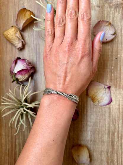 Sterling silver Hudson Feather cuff for 6-inch wrist, handmade by Jason Ogg, stamped Sterling, USA made