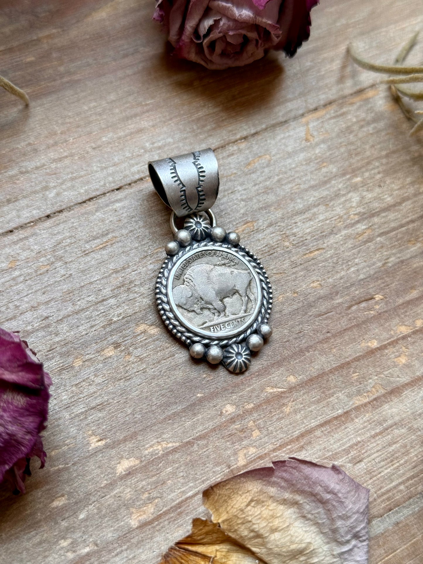 1-4 Sterling Silver Buffalo Nickel Pendant – Rope Border – Artist Jason Ogg