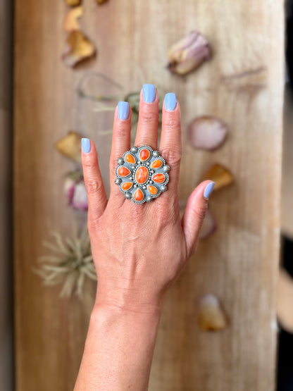 Sterling Silver Orange Spiny Oyster Cluster Ring – Size 9 – Artist Shay Pfeiffer