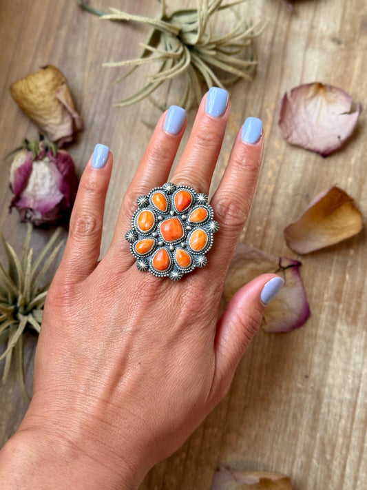 Sterling silver Orange Spiny Oyster mosaic cluster ring size 7.5, handmade by artist Shay Pfeiffer, stamped Sterling, made in USA