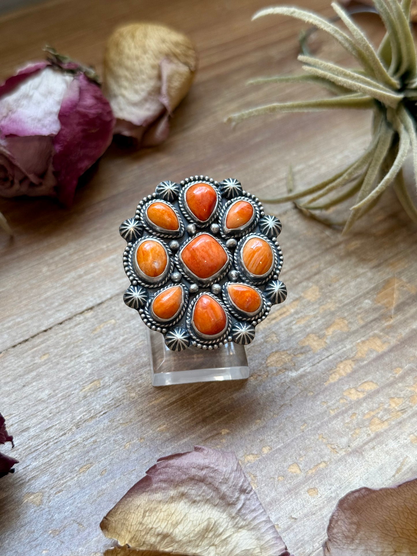 Sterling Silver Orange Spiny Oyster Mosaic Cluster Ring Size 7.5, Artist Shay Pfeiffer