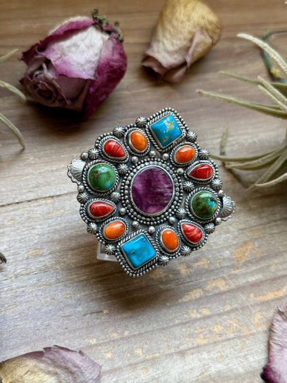 Mosaic Cluster Ring – Sterling Silver – Sonoran Mountain, Blue Ridge Turquoise & Spiny Oyster – Size 9 – Artist Shay Pfeiffer
