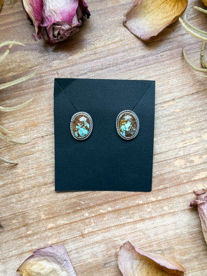 Sterling silver Rising Phoenix stud earrings with turquoise, handmade by artist Jason Ogg, made in USA