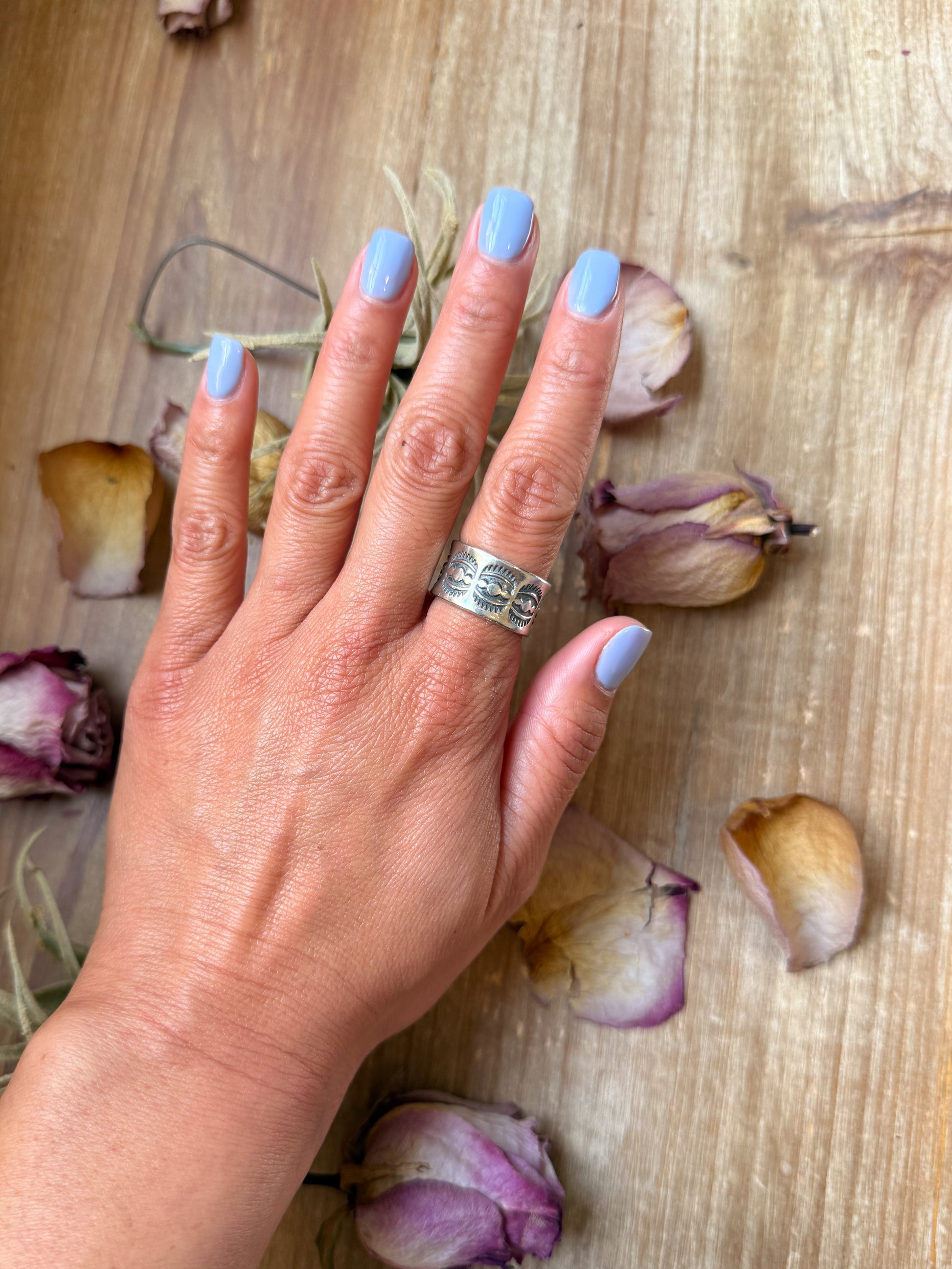 Sterling silver hand-milled Sun Ray stamped wide band ring size 8.5, handmade by Jason Ogg, USA made