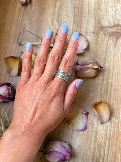 Sterling silver hand-milled Sun Ray stamped wide band ring size 8.5, handmade by Jason Ogg, USA made