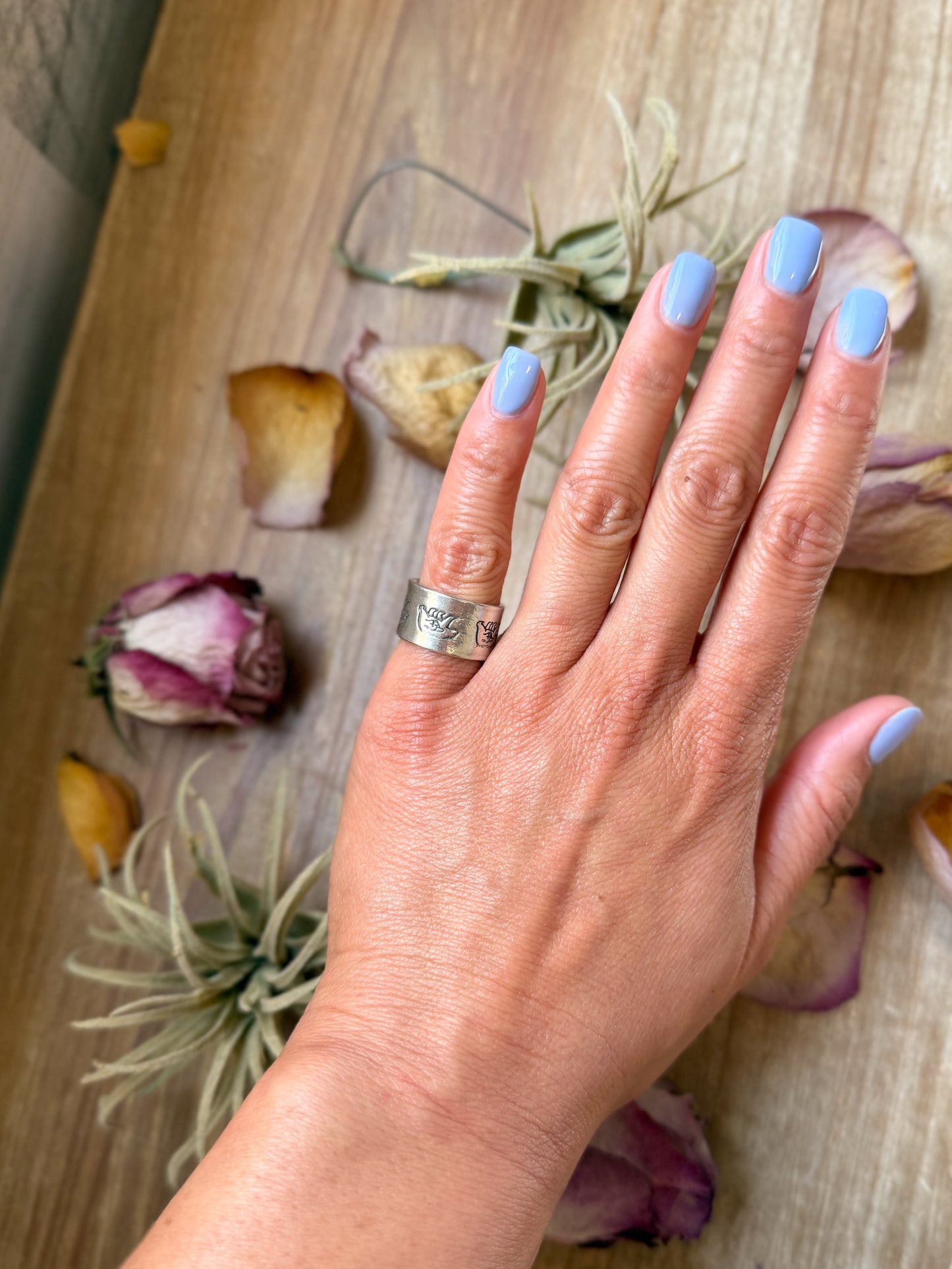 Sterling silver hand-milled “Poke the Bear” stamped wide band ring size 5.5, handmade by Jason Ogg, USA made