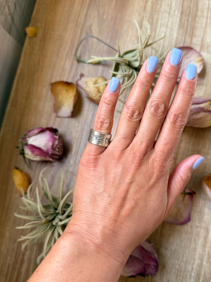 Sterling silver hand-milled “Poke the Bear” stamped wide band ring size 5.5, handmade by Jason Ogg, USA made