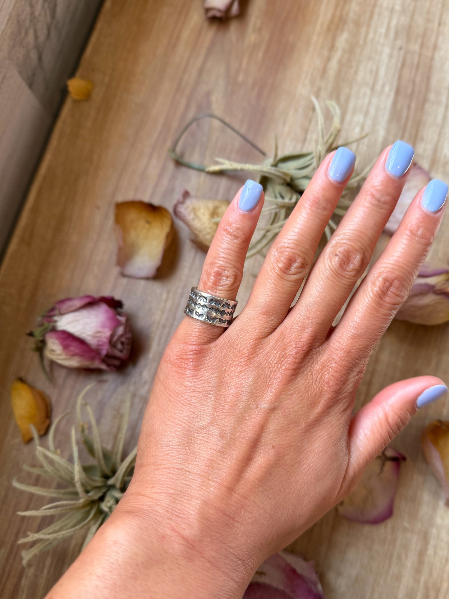 Sterling silver Mini Sun Ray stamped wide band ring size 5.5, handmade by Jason Ogg, USA made