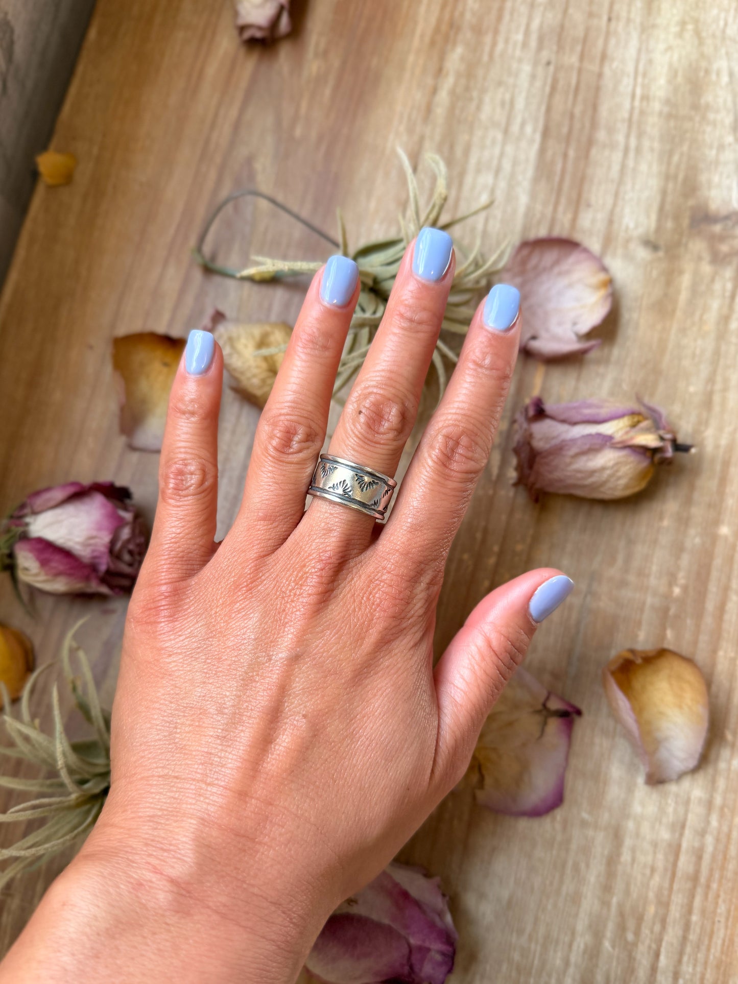 Sterling silver Aloe stamped wide band ring size 8.5, handmade by Jason Ogg, USA made