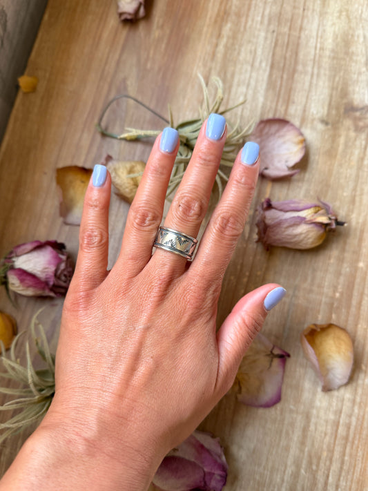 Sterling silver Aloe stamped wide band ring size 8.5, handmade by Jason Ogg, USA made