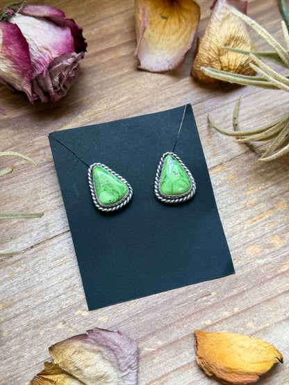 Sterling silver High Grade Carico Lake Turquoise stud earrings, handmade by artist Jason Ogg, stamped Sterling, made in USA