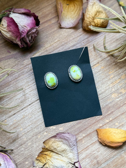 Sterling silver Palomino Variscite stud earrings, handmade by artist Jason Ogg, stamped Sterling, made in USA