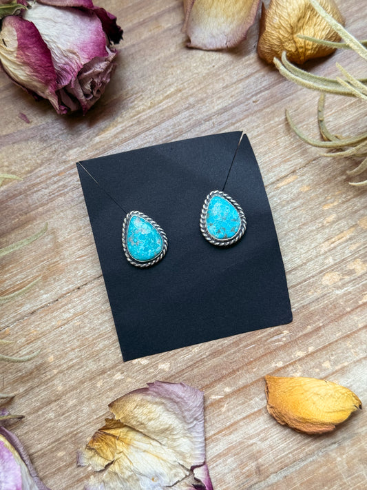 Sterling silver Whitewater Turquoise stud earrings, handmade by artist Jason Ogg, stamped Sterling, made in USA