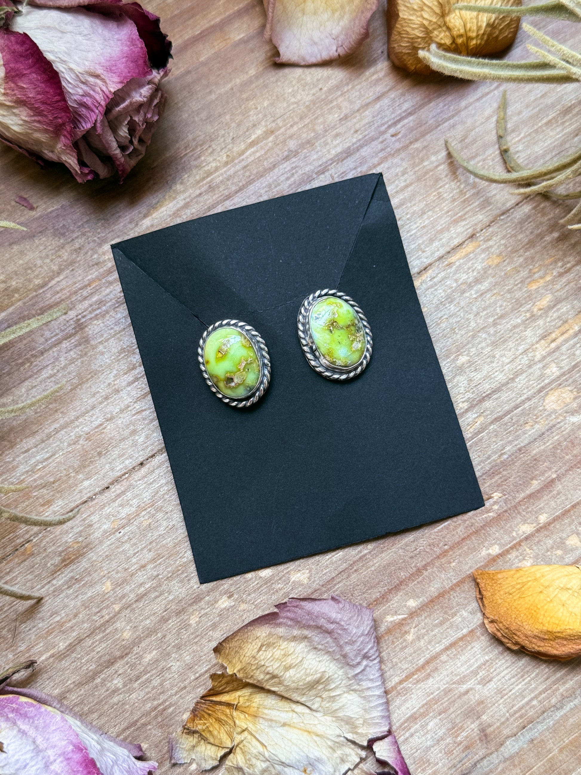 Sterling silver Palomino Variscite stud earrings, handmade by artist Jason Ogg, stamped Sterling, made in USA