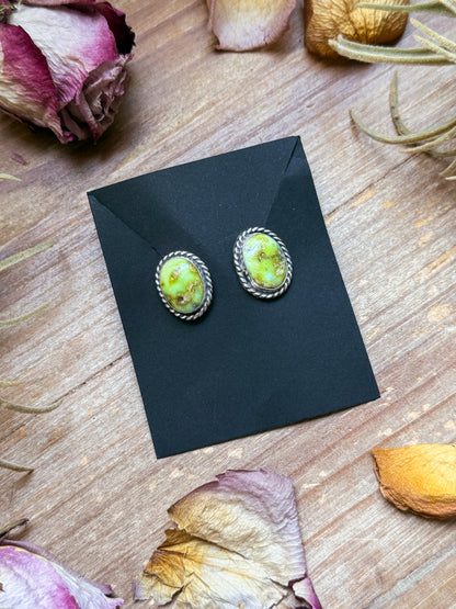 Sterling silver Palomino Variscite stud earrings, handmade by artist Jason Ogg, stamped Sterling, made in USA