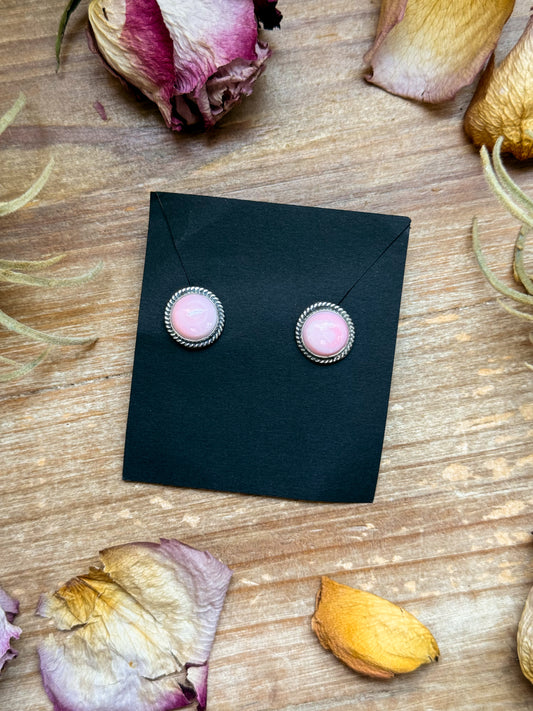 Sterling silver Pink Conch stud earrings, handmade by artist Jason Ogg, stamped Sterling, made in USA