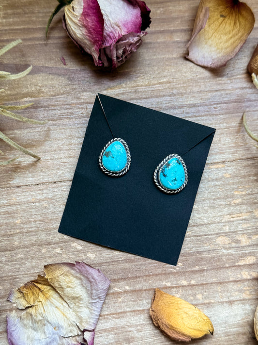 Sterling silver Whitewater Turquoise stud earrings, handmade by artist Jason Ogg, stamped Sterling, made in USA