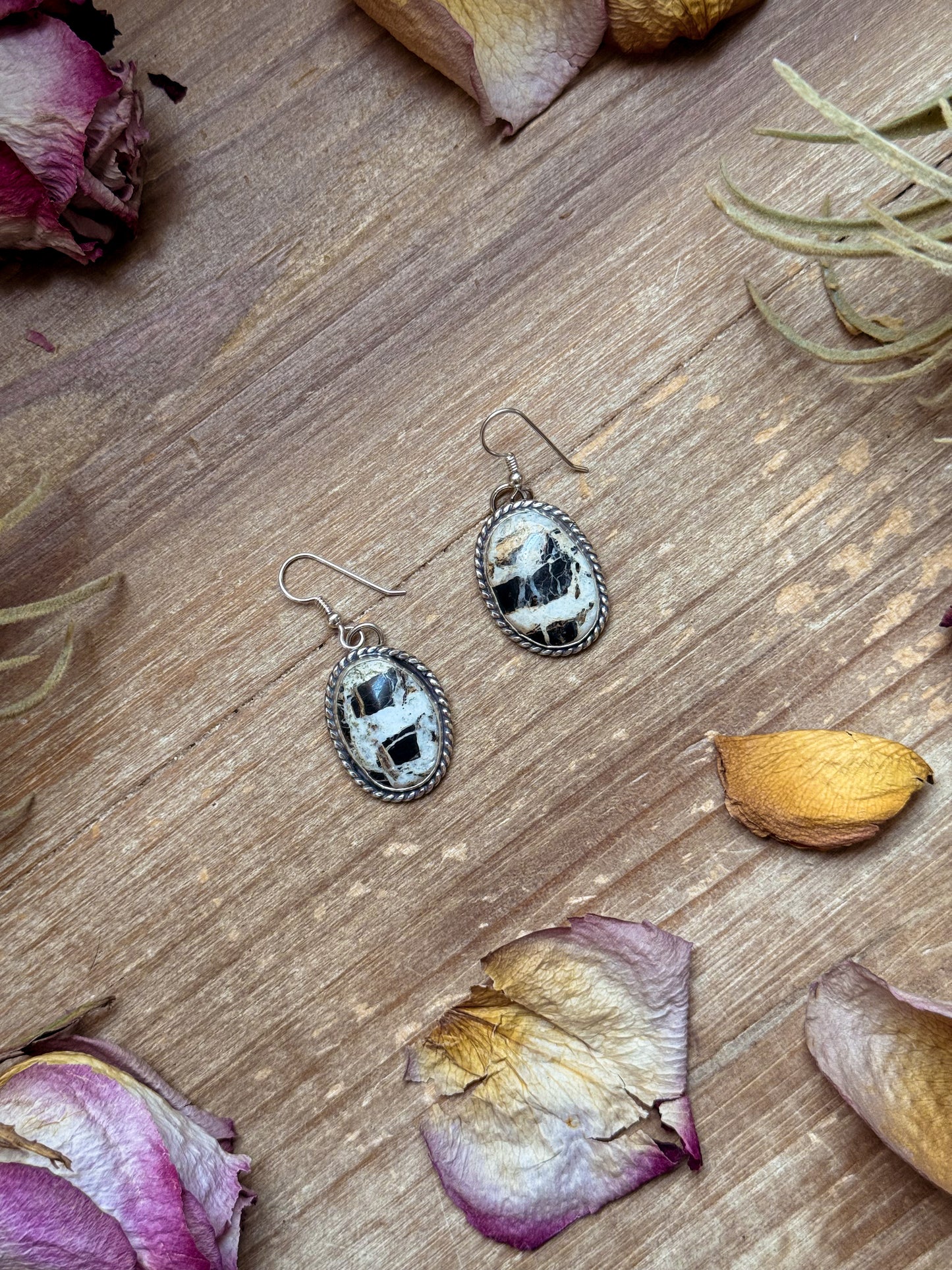 Sterling silver White Buffalo dangle earrings, handmade by artist Jason Ogg, stamped Sterling, made in USA