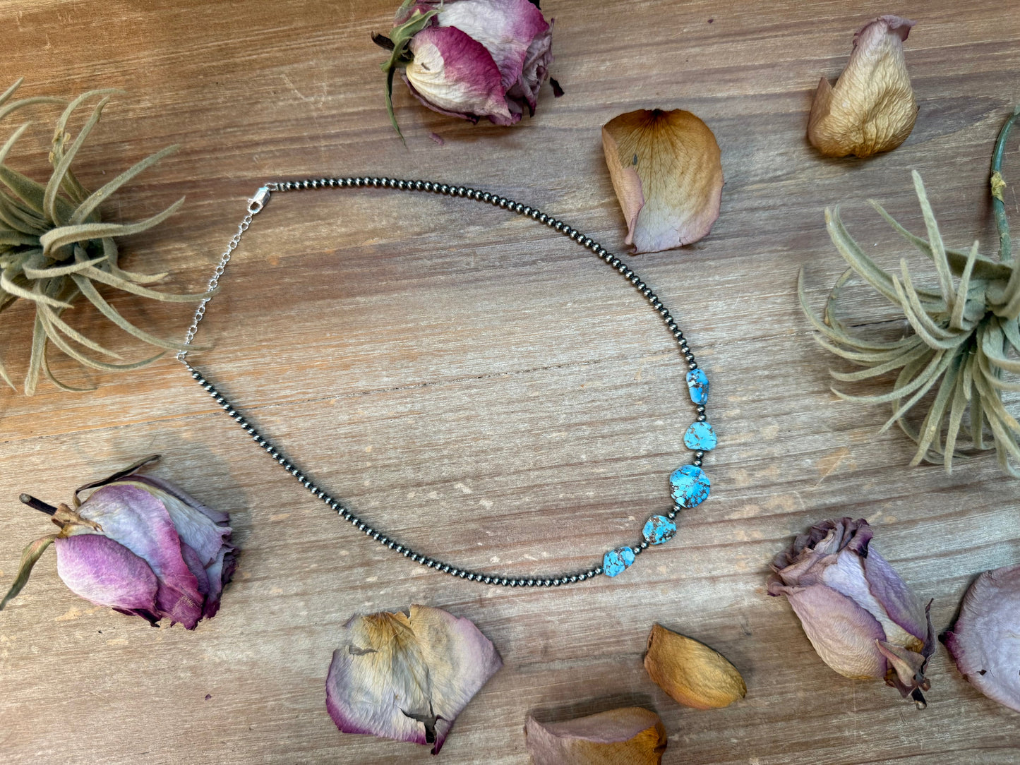 Golden Hills turquoise necklace with 3 mm sterling silver pearls, 16 inch plus 2 inch extender, handmade in USA