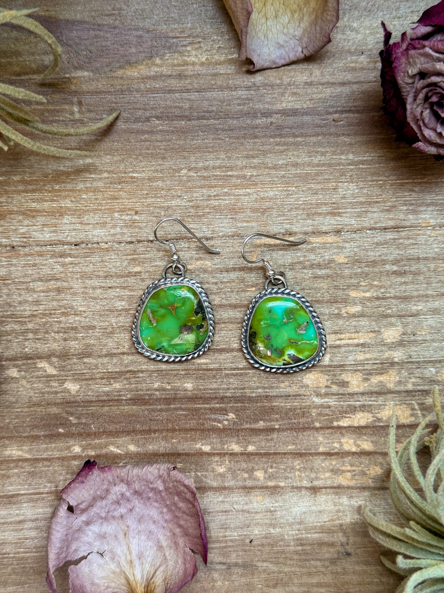 Sterling silver Sonoran Turquoise dangle earrings, handmade by artist Jason Ogg, stamped Sterling, made in USA