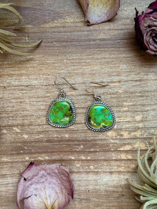 Sterling silver Sonoran Turquoise dangle earrings, handmade by artist Jason Ogg, stamped Sterling, made in USA