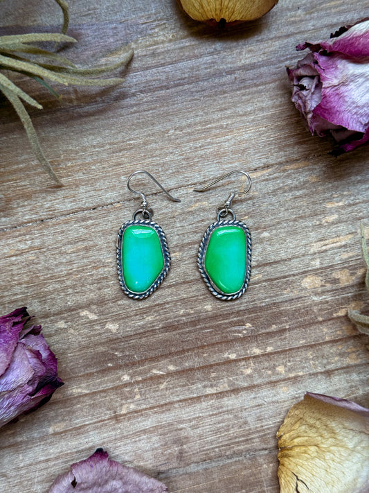 Sterling silver Sonoran Turquoise dangle earrings, handmade by artist Jason Ogg, stamped Sterling, made in USA