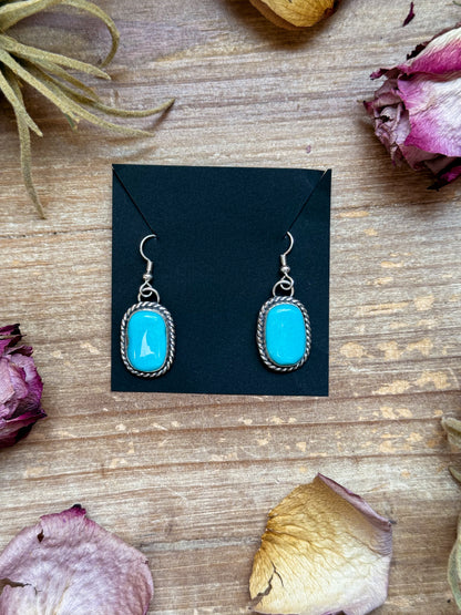 Sterling silver Big Nugget Turquoise dangle earrings, handmade by artist Jason Ogg, stamped Sterling, made in USA