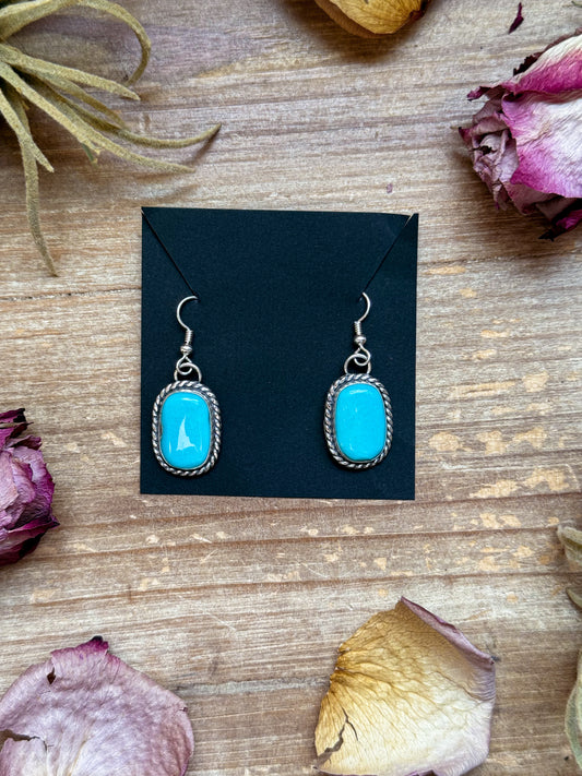 Sterling silver Big Nugget Turquoise dangle earrings, handmade by artist Jason Ogg, stamped Sterling, made in USA