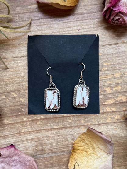 Sterling silver Wild Horse Jasper dangle earrings, handmade by artist Jason Ogg, stamped Sterling, made in USA