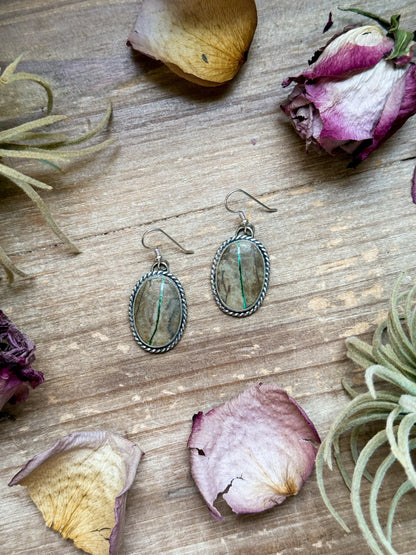 Sterling silver Ribbon Royston Turquoise dangle earrings, handmade by artist Jason Ogg, stamped Sterling, made in USA