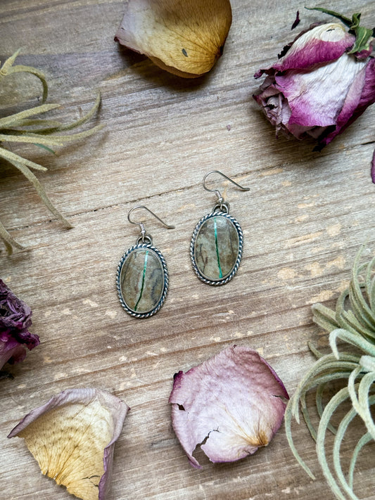 Sterling silver Ribbon Royston Turquoise dangle earrings, handmade by artist Jason Ogg, stamped Sterling, made in USA