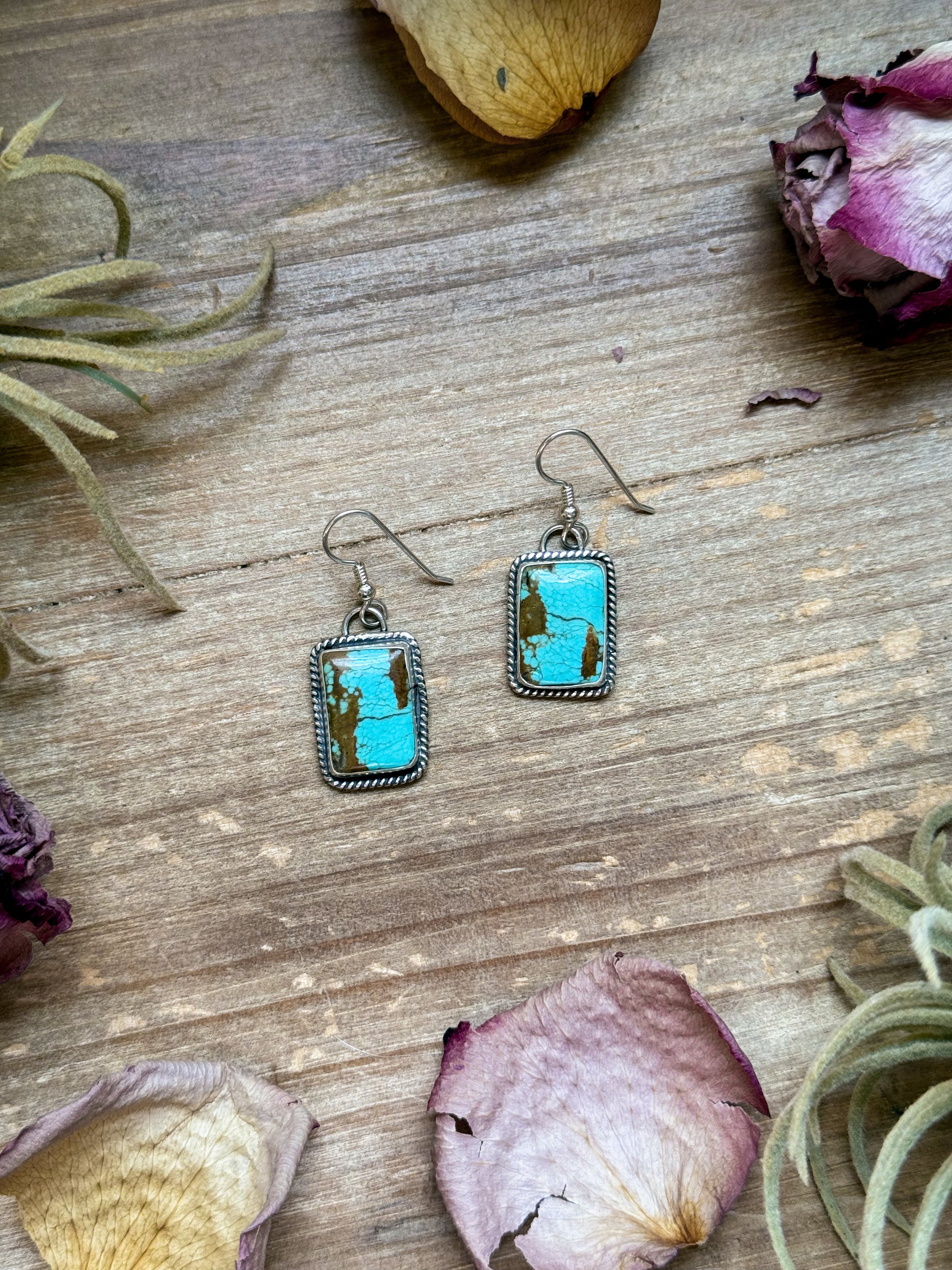 Sterling silver Mine #8 Turquoise dangle earrings handmade by Jason Ogg, stamped Sterling, USA made
