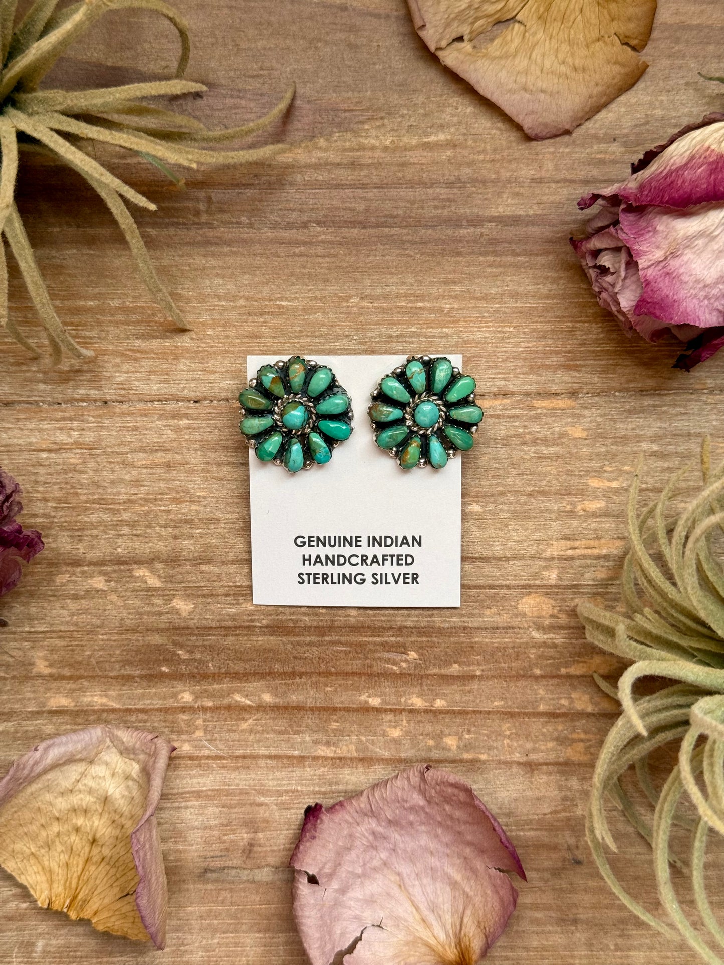 Sterling silver green turquoise and pearl stud earrings, Native made by artist J. W., stamped Sterling, post in the middle, handmade in USA