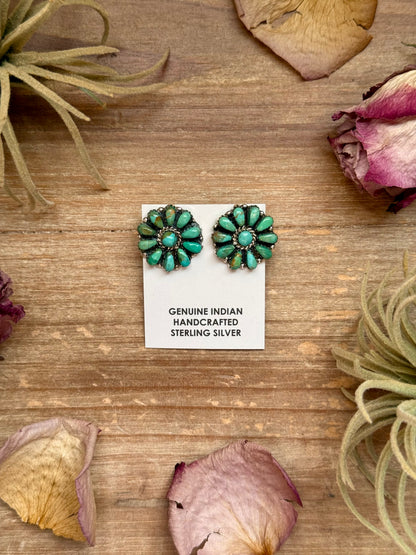 Sterling silver green turquoise and pearl stud earrings, Native made by artist J. W., stamped Sterling, post in the middle, handmade in USA