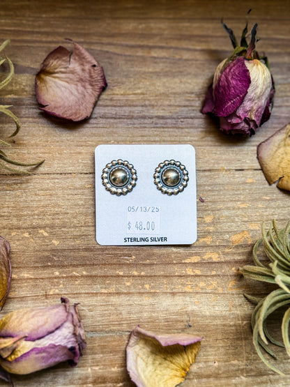 Sterling silver concho earrings with post on top, handmade in USA, classic Western stamped design