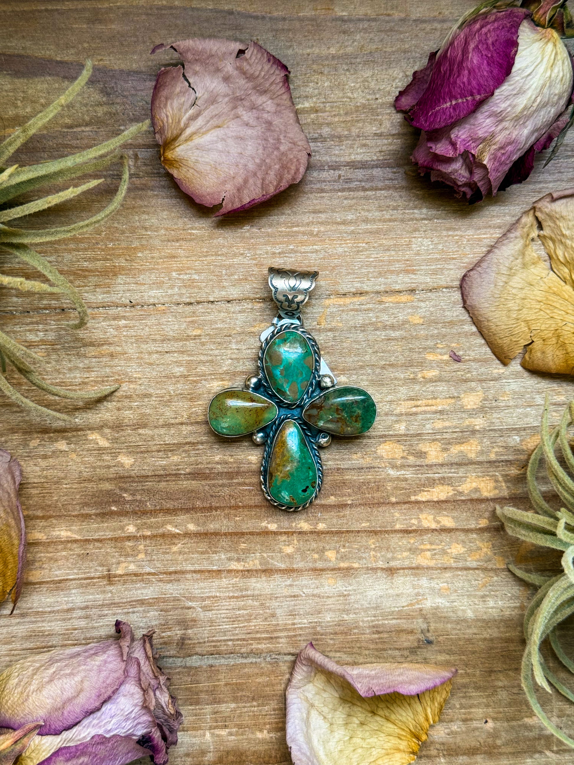 Sterling silver green turquoise cross pendant, 2.75 inches long × 1.75 inches wide, fits 10 mm beads, handmade by Native artist P. N., stamped Sterling, USA made